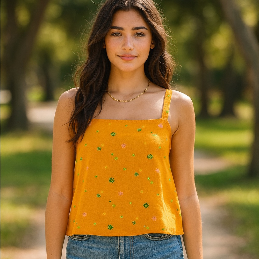 NEW Nordstrom Abound Orange Asterisk Floral Linen Print Camisole Top Size XS